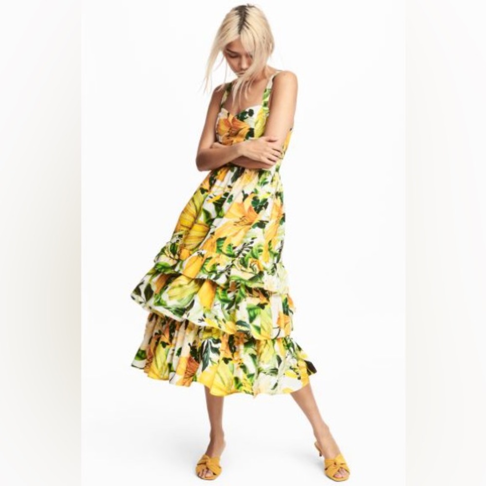 H&M POPLIN DRESS MIDI YELLOW FLORAL LEMON RUFFLE FRILL TROPICAL  size 4